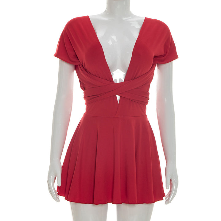 Damen Elegantes Wickelkleid mit tiefem V-Ausschnitt und fließendem Rock Drune
