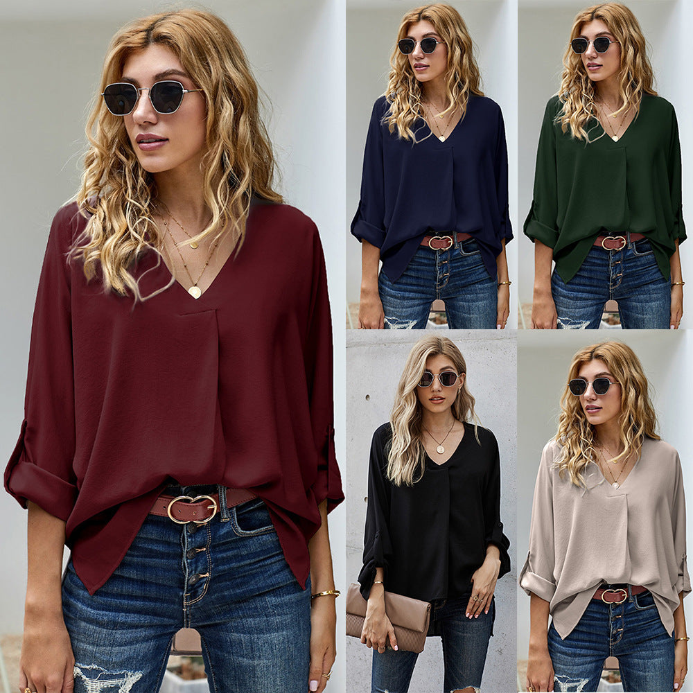 Damen Bluse mit V-Ausschnitt und lässigen langen Ärmeln Drune