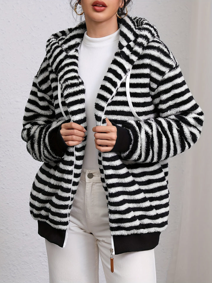 Damen kuschelige Fleecejacke mit gestreiftem Muster und praktischen Taschen Drune