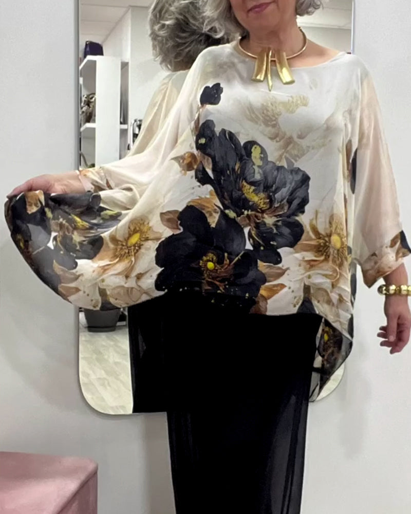 Damen nan elegante Chiffon-Tunika mit Fledermausärmeln und asymmetrischem Saum Drune