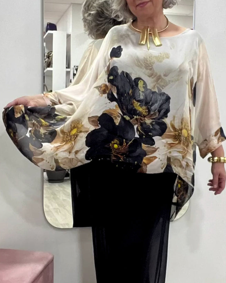 Damen nan elegante Chiffon-Tunika mit Fledermausärmeln und asymmetrischem Saum Drune