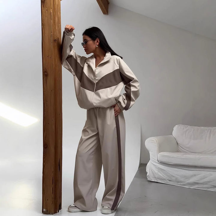 Damen sportives Zweiteiler-Set aus Oversize-Trackjacke mit Reißverschluss und weitem Bundfalten-Hose Drune