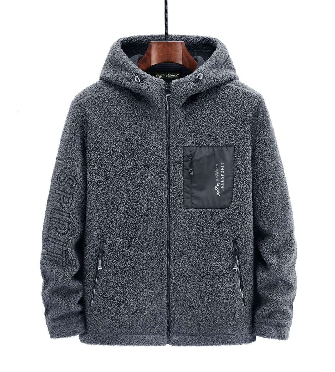 Herren Sherpa‑Fleece Kapuzenjacke mit Reißverschluss und Brusttasche Drune