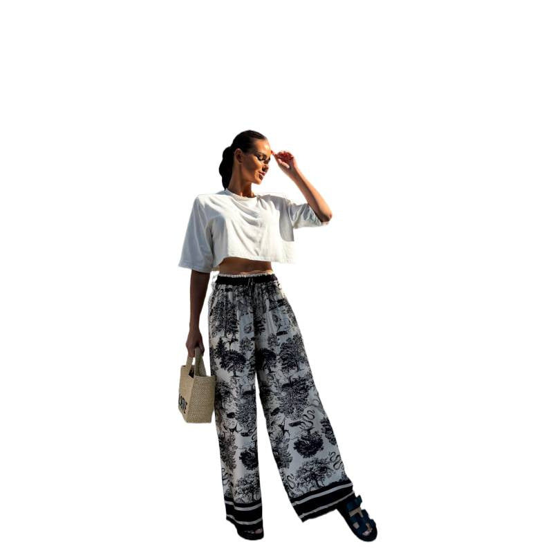 Damen Weite Sommerhose mit floralem Muster und elastischem Bund Drune