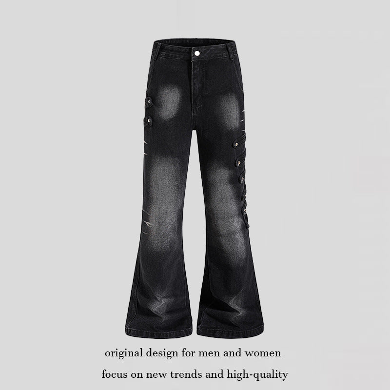 Damen Weite Jeanshose mit Used‑Effekt und seitlichen Zierknopfleisten Drune