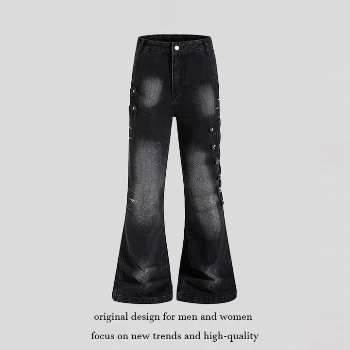 Damen Weite Jeanshose mit Used‑Effekt und seitlichen Zierknopfleisten Drune
