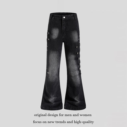 Damen Weite Jeanshose mit Used‑Effekt und seitlichen Zierknopfleisten Drune