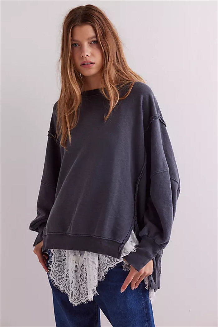 Damen oversized Sweatshirt mit Ballonärmeln, offenen Saumnähten und seitlichen Schlitzen Drune