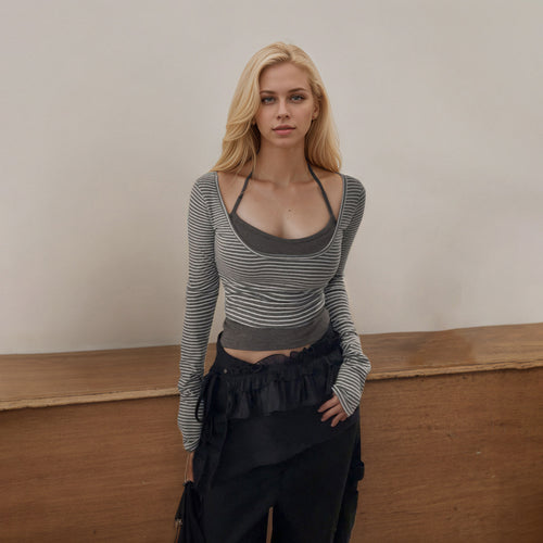 Damen nan gerafftes Layering-Cropped-Top mit integriertem Bustier und feinem Streifenstrick Drune