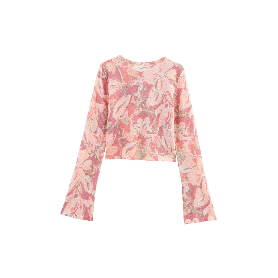 Damen lässiges Crop-Top mit floralem Muster und weiten Ärmeln Drune
