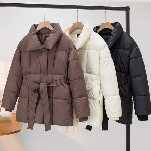 Damen Gekachelte Pufferjacke mit Taillengürtel und breitem Stehkragen Drune
