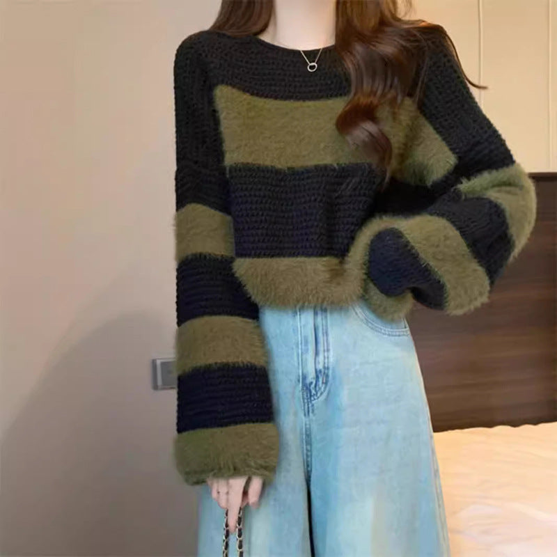 Damen gemütlicher Pullover mit weitem Schnitt und auffälligem Streifenmuster Drune