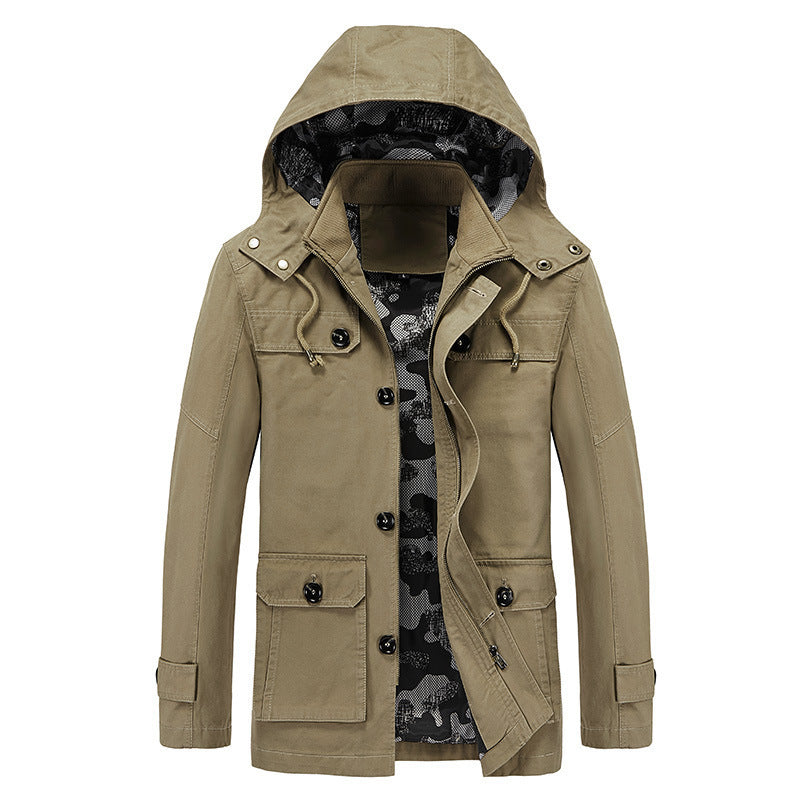 Herren mittellange Canvas-Fieldjacke mit Kapuze, Cargo‑Taschen und Camouflage‑Innenfutter Drune