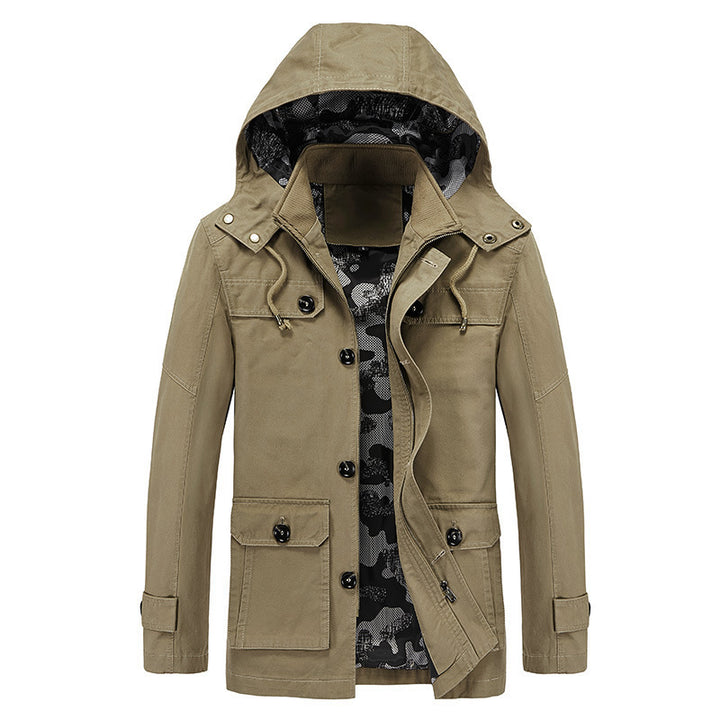 Herren mittellange Canvas-Fieldjacke mit Kapuze, Cargo‑Taschen und Camouflage‑Innenfutter Drune