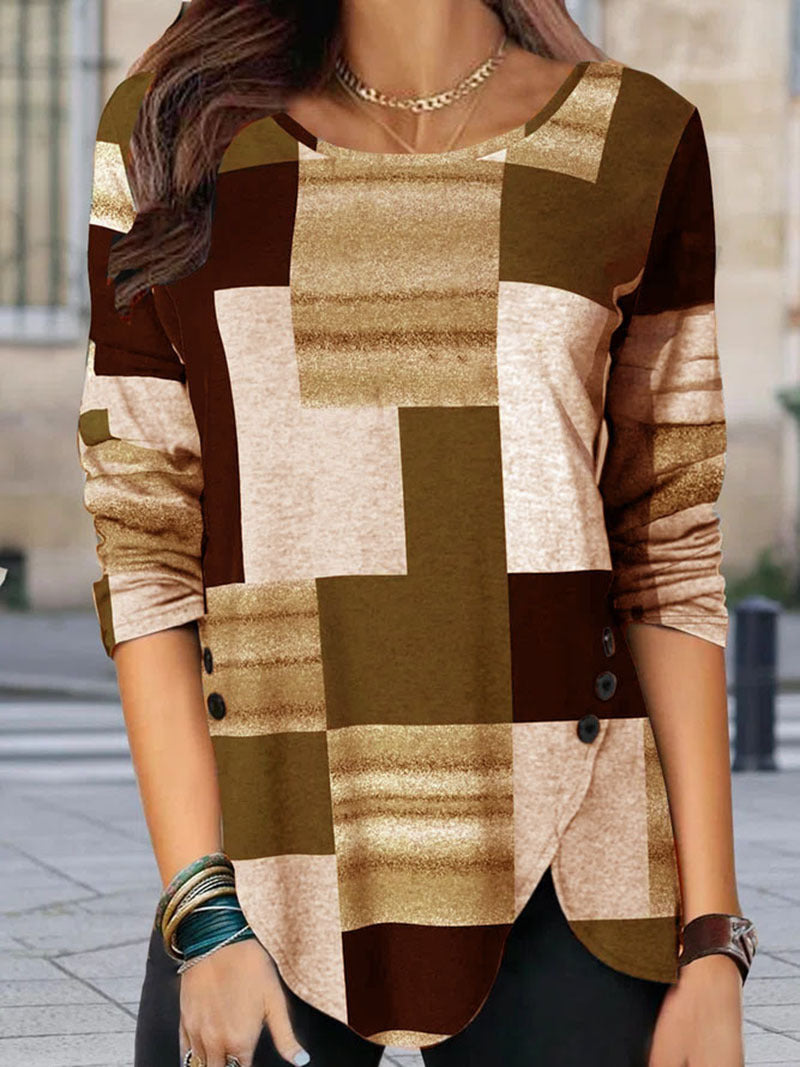 Damen gemustertes Langarm-Tunika-Shirt mit asymmetrischem Saum und dekorativer Knopfleiste Drune
