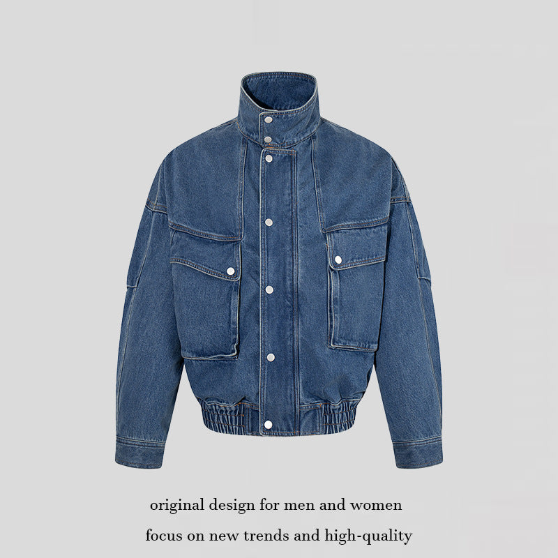 Damen Oversize-Jeansjacke mit Stehkragen, Druckknopfleiste und aufgesetzten Cargo-Taschen Drune