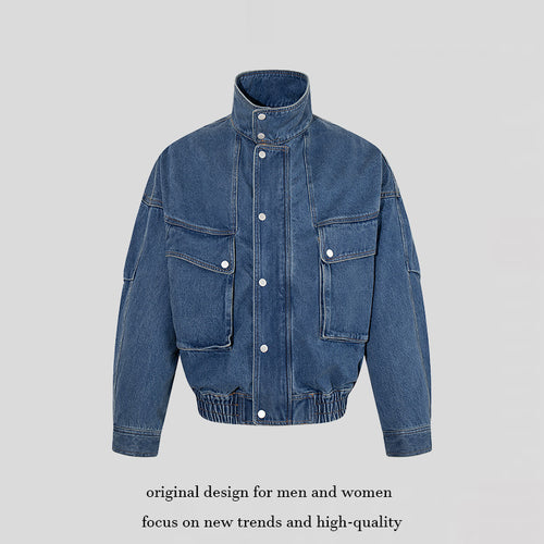 Damen Oversize-Jeansjacke mit Stehkragen, Druckknopfleiste und aufgesetzten Cargo-Taschen Drune