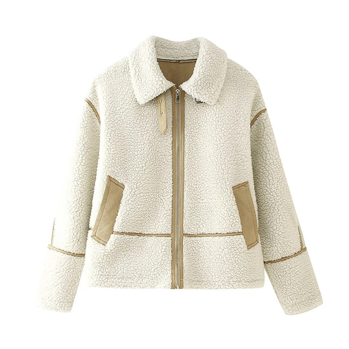 Damen nan kuschelige Teddyjacke mit Reißverschluss, Stehkragen und aufgesetzten Taschen Drune