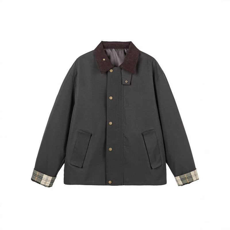 Herren Kurze Boxy-Workerjacke aus robustem Canvas mit Cordkragen und verdeckter Druckknopfleiste Drune