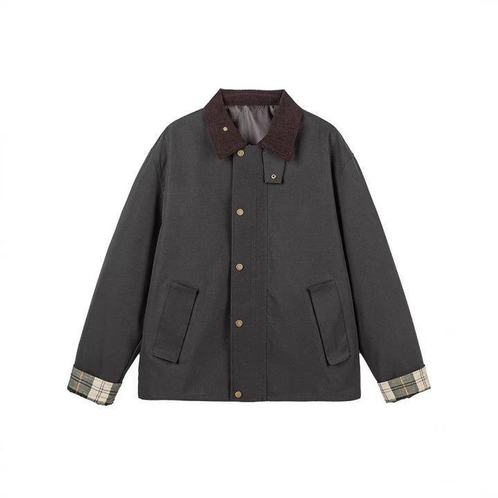 Herren Kurze Boxy-Workerjacke aus robustem Canvas mit Cordkragen und verdeckter Druckknopfleiste Drune