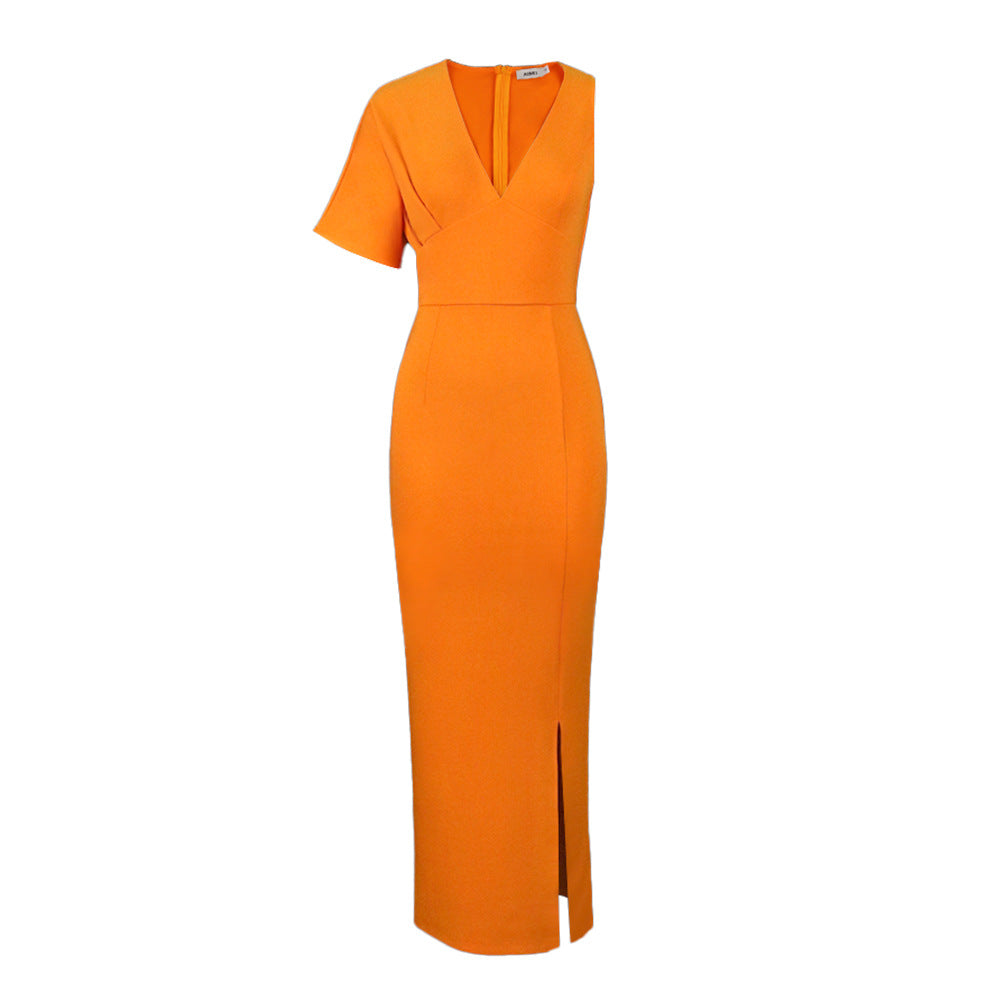 Damen figurbetontes Maxikleid mit tiefem V-Ausschnitt und elegantem Schlitz Drune