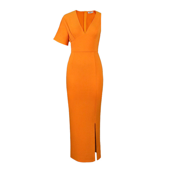 Damen figurbetontes Maxikleid mit tiefem V-Ausschnitt und elegantem Schlitz Drune