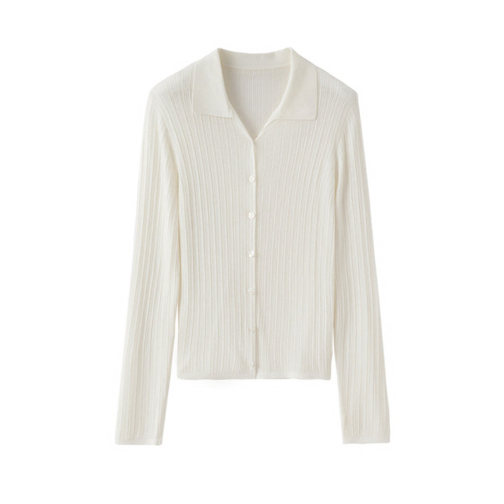 Damen Feinstrick-Cardigan mit Rippenstruktur, Knopfleiste und Polokragen Drune