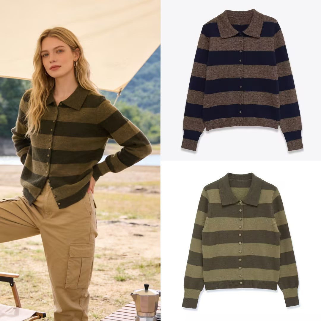 Damen Gestreifte Strickjacke mit Polokragen und Knopfleiste Drune