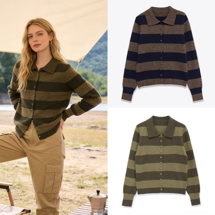 Damen Gestreifte Strickjacke mit Polokragen und Knopfleiste Drune
