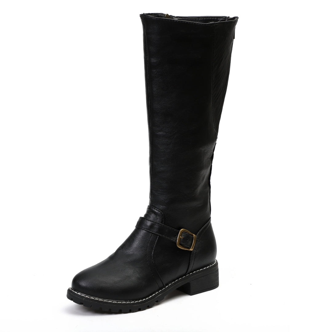 Damen Kniehohe Vintage-Bikerstiefel mit Blockabsatz und Zierspange Drune