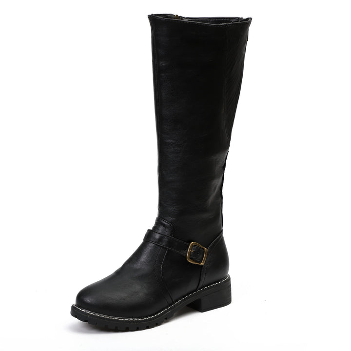 Damen Kniehohe Vintage-Bikerstiefel mit Blockabsatz und Zierspange Drune