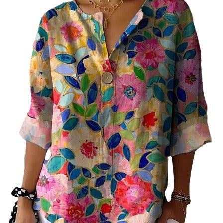 Damen Lose Blumenmuster Leinenlook Bluse Tunika mit V-Ausschnitt und Dreiviertelärmeln Drune