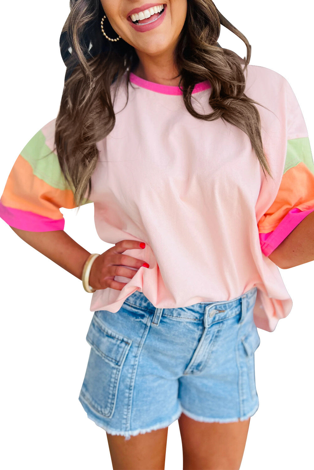 Damen lässiges T-Shirt mit farbenfrohen Ärmeln und weitem Schnitt Drune