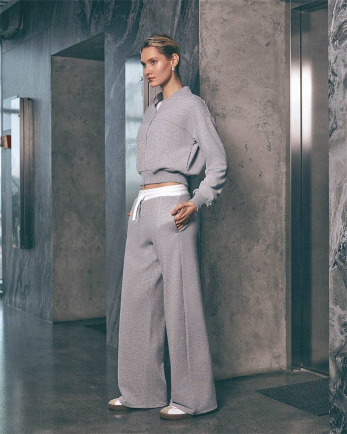 Damen lässiges Freizeit-Set mit weiten Hosen und modernem Kragen Drune