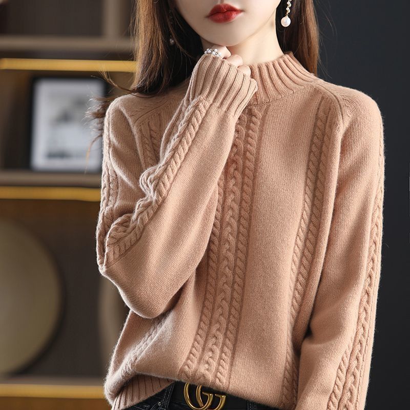 Damen kuscheliger Strickpullover mit hohem Kragen und Zopfmuster Drune