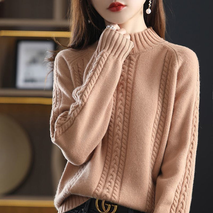 Damen kuscheliger Strickpullover mit hohem Kragen und Zopfmuster Drune