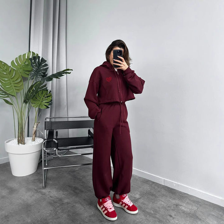 Damen Cropped Kapuzenpullover und hohe Taille Wide-Leg Jogginghose Set Drune
