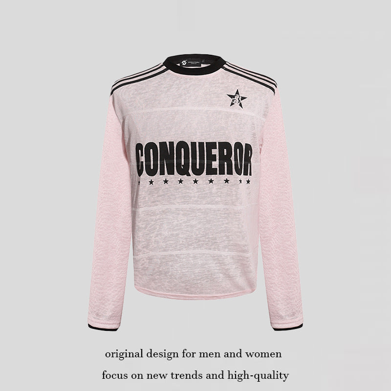 Damen Langarmshirt mit Statement-Print, Sportstreifen und strukturierter Slub-Optik Drune