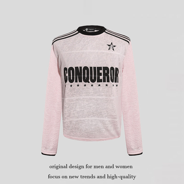Damen Langarmshirt mit Statement-Print, Sportstreifen und strukturierter Slub-Optik Drune