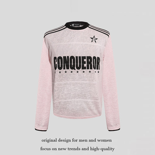 Damen Langarmshirt mit Statement-Print, Sportstreifen und strukturierter Slub-Optik Drune