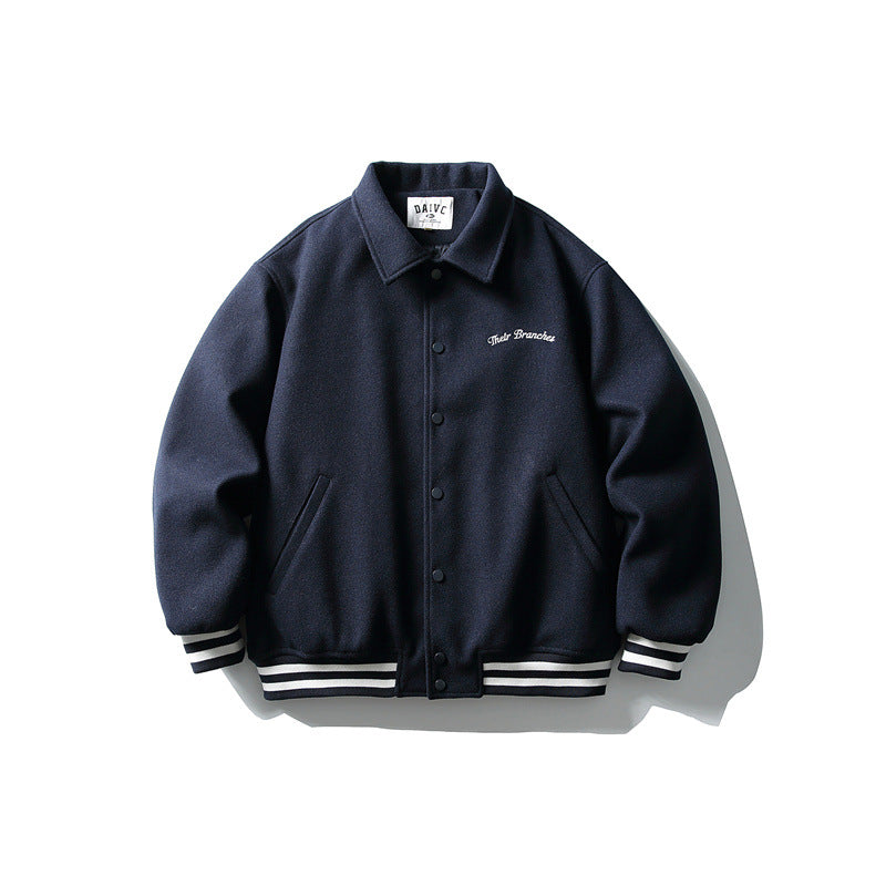 Herren Boxy College‑Blousonjacke aus Wollmix mit Druckknopfverschluss und gestreiften Rippbündchen Drune