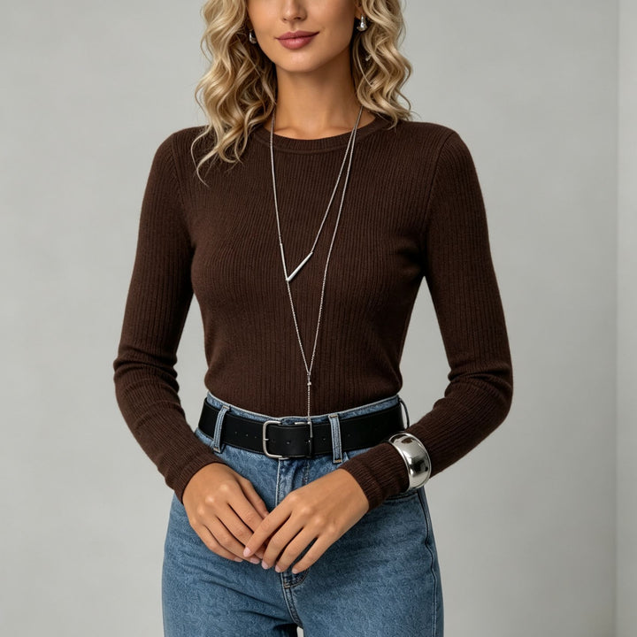 Damen Enganliegender Rippstrick-Pullover mit Rundhalsausschnitt Drune