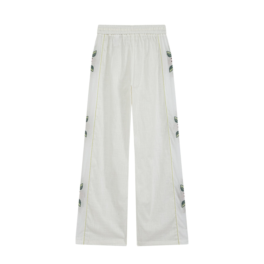 Damen Weite Leinen‑Optik Hose mit Tunnelzugbund und seitlicher Blumenstickerei Drune