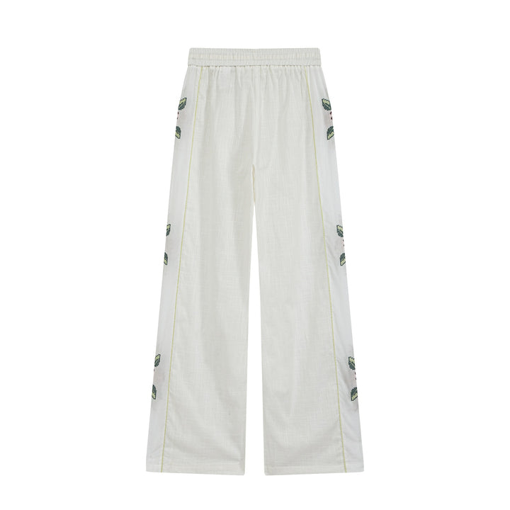 Damen Weite Leinen‑Optik Hose mit Tunnelzugbund und seitlicher Blumenstickerei Drune