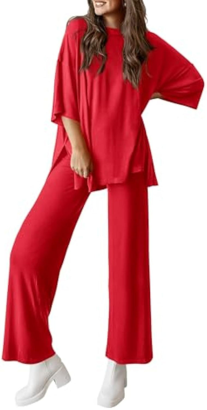 Damen Lässiges Lounge-Set aus weichem Jersey mit Oversize-Tunika und weiter Palazzo-Hose Drune