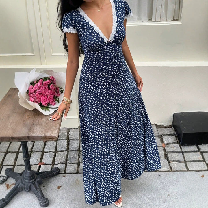 Damen Maxikleid mit floralem Muster und elegantem Spitzenbesatz Drune