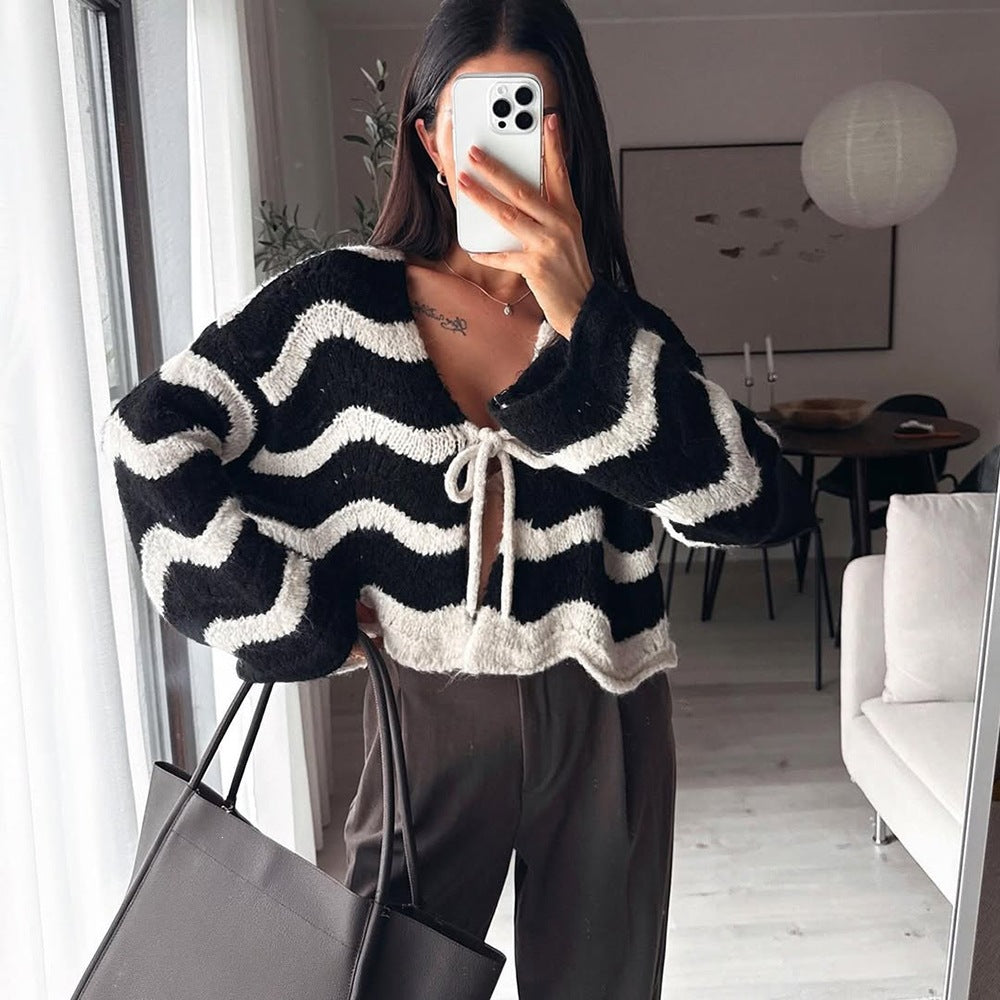Damen Kuscheliger Kurz-Cardigan mit Zickzack-Textur, BindDruneand & Oversize-Ärmeln Drune