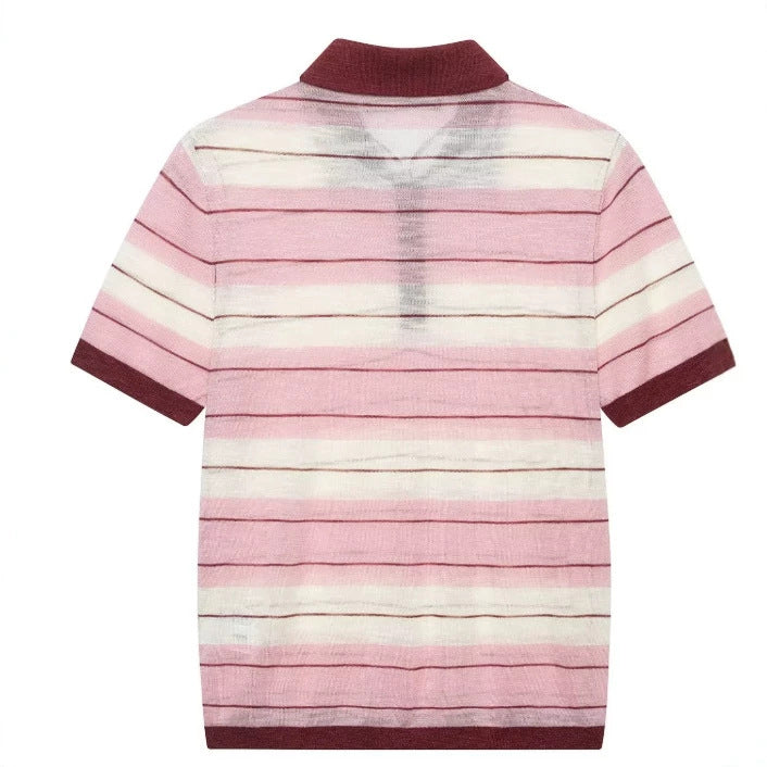 Damen Kurzärmeliges gestreiftes Strick‑Poloshirt mit Rippkragen und Knopfleiste Drune
