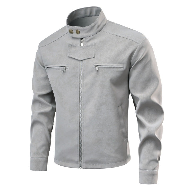 Herren Velourslederoptik-Bikerjacke mit Stehkragen, Brustreißverschlusstaschen & verdeckter Druckknopfblende Drune