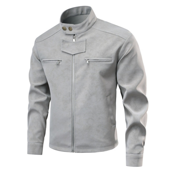 Herren Velourslederoptik-Bikerjacke mit Stehkragen, Brustreißverschlusstaschen & verdeckter Druckknopfblende Drune